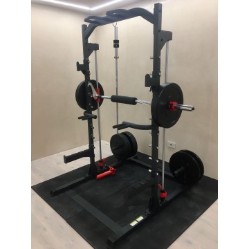 TEKKFIT - Smith machine e half rack con landmine, tripla barra di trazione, supporto TRX, supporto per DIP, porta bilanciere e 4