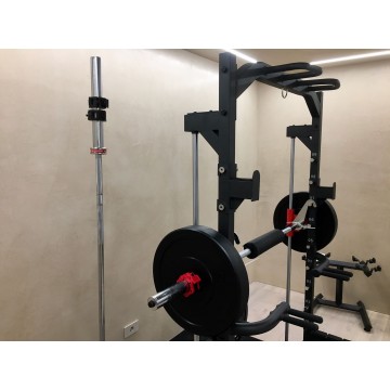 TEKKFIT - Smith machine e half rack con landmine, tripla barra di trazione, supporto TRX, supporto per DIP, porta bilanciere e 4